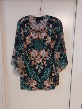 JM Collection XL Floral Tunic Top - Black, Teal & Blush